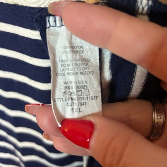 Emory Park Plus 1X Navy White Striped Crisscross V-Neck Tee Top - Picture 4 of 4